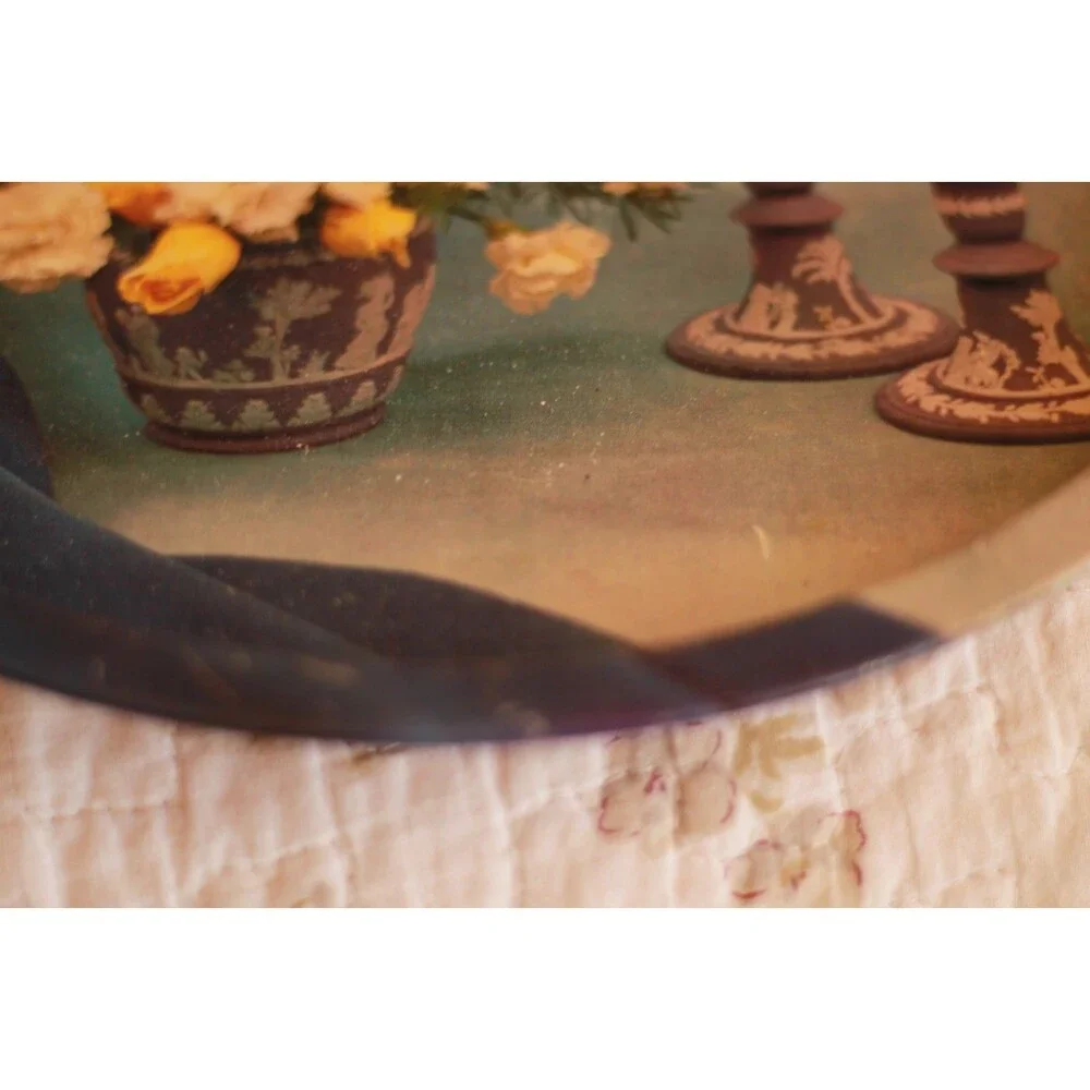 Vintage Round Metal Serving Tray Yellow White Flowers Candles